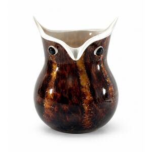 Vintage Art Glass Owl Vase / Planter Brown Tortoise Shell Look 5” Hand Blown